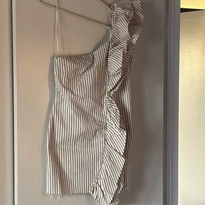 ZARA Cotton Creme Navy Striped Ruffle One-Shoulder Mini Dress. Small.